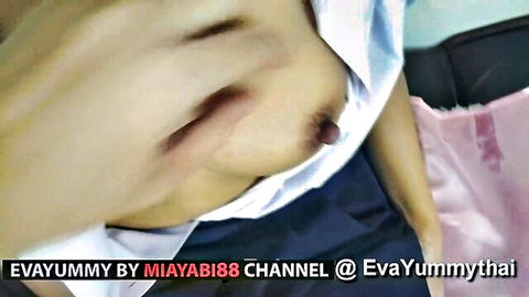 Miayabi88 Thai student wife exposing natural tits in open uniform shirt
