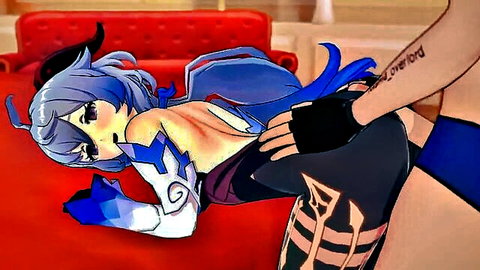 Ganyu blue-haired anime girl handjob boobjob with groping