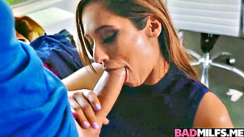 Tanned brunette MILF deepthroats thick cock in intense office blowjob