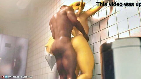 Muscular black hunk grabbing yellow stud's bare ass against locker room wall for gay anal fuck