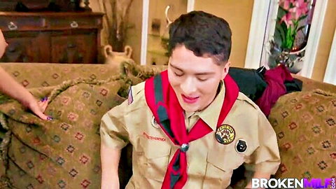 Nina Elle seduces young scout in uniform, teaching him to fuck