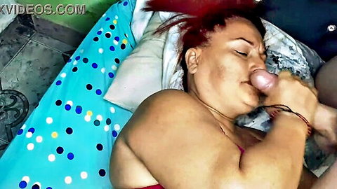 Curvy redhead stepmom giving intense morning blowjob in bed