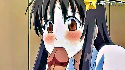 Blushing anime schoolgirl with long brown hair gives enthusiastic blowjob