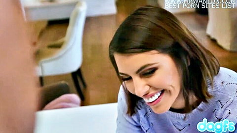 Adriana Chechik smiling seductively in sweater, teasing hot fuck vibe