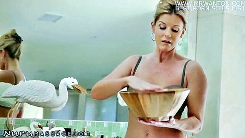Blonde MILF stepmom holding bowl in Nuru massage bathroom scene