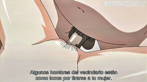 Busty anime MILF with big tits exposing shaved pussy and anus in explicit hentai closeup