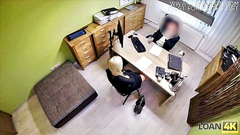 Blonde babe in short skirt at office desk with suited guy in Czech loan4k casting ready to fuck