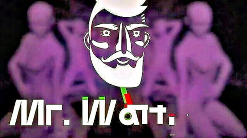 Stylized Mr. Watt logo with white bearded face and purple female silhouettes posing seductively
