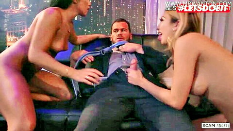 Ebony and blonde nudes seduce suited man in hot threesome lounge