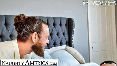 Catalina Ossa seduces bearded man on bed in Naughty America scene