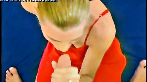 Blonde woman in red dress bent over doggystyle getting pussy fingered by guy behind