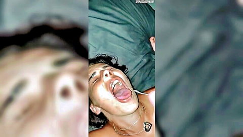 Young slim guy with dark hair, open mouth and tongue out in amateur solo scene