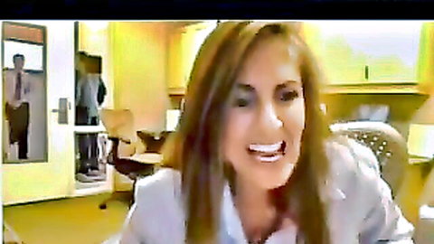 Smiling brunette office woman in white blouse looking excited