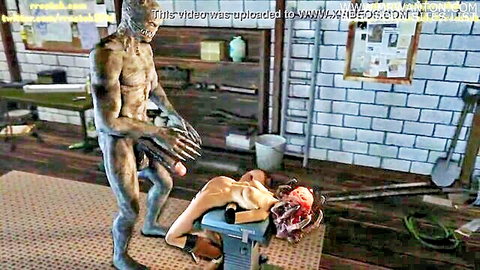 3D scaly monster with huge erect cock towers over naked woman with spread legs and exposed pussy on lab table