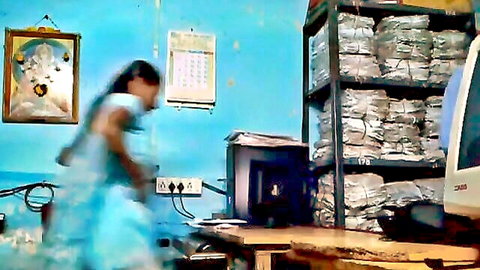 Blurry Marathi woman in blue dress in steamy office encounter