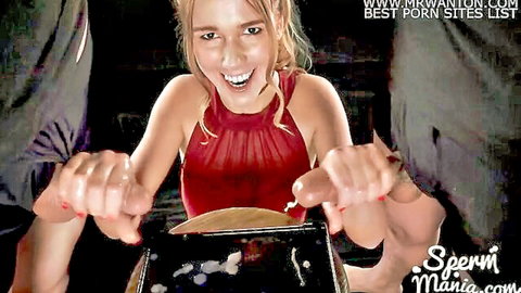Alexis Crystal messy handjob with group cum in red dress