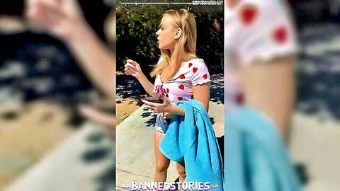 Anna Claire Clouds blonde babe in pink spotted bikini on sunny beach walk