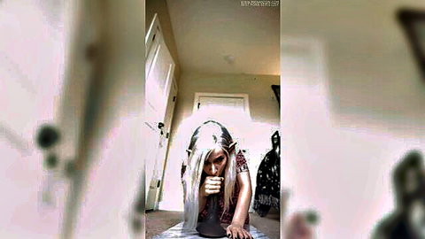Elf cosplay blonde teen kneels on floor with open mouth teasing thick black dildo