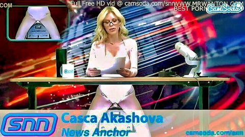 Casca Akashova as busty MILF news anchor in white lingerie teasing on cam