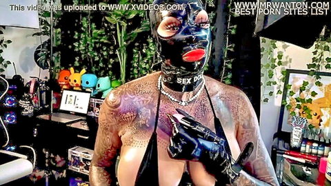 Nellie Hentai as latex doll, tattooed curvy body in mask and gloves