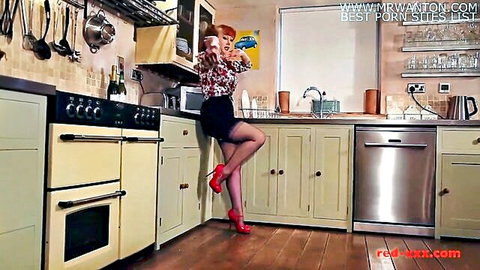 Redhead mature Red XXX teasing in blouse, short skirt, red heels