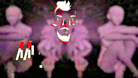 Stylized man in red suit with shadowy women in purple latex, fetish vibe