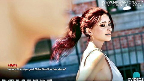 Seductive Asian redhead Ashley in low-cut white top, alluring pose