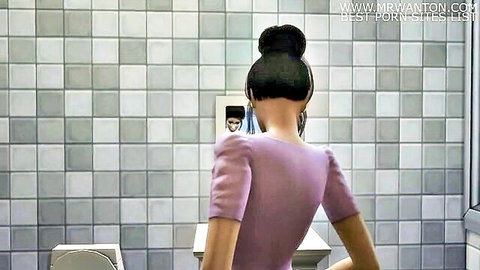 Sims 4 Indian woman in purple dress views mirror reflection in family threesome