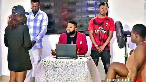 Ebony Nigerian women in short dresses at clothed casting audition with black men and laptop