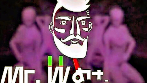 Mr. Wøt hentai logo with bearded man silhouette surrounded by sexy purple dancing girls