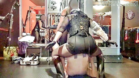 Three dominatrixes in strapon gangbang pegging submissive male anally