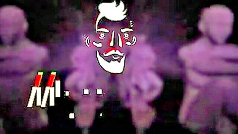 Surreal bearded man in purple haze with mantis-like red elements, artistic adult scene