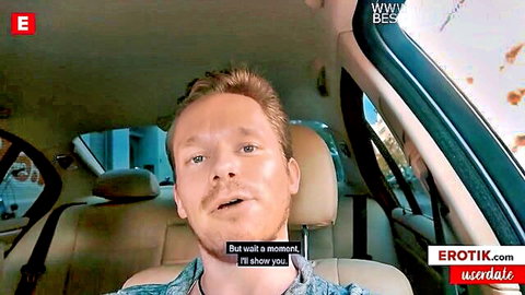Blonde man in car teases showing big-boobed bimbo Angel begging for sex