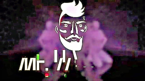 Stylized purple neon portrait of bearded man in glitch art style for TW - chica 64 video