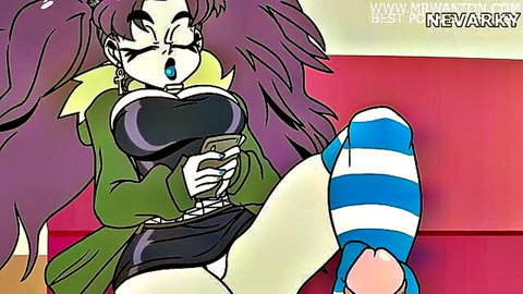 Purple-haired anime girl in green jacket and striped socks, teasing upskirt while texting