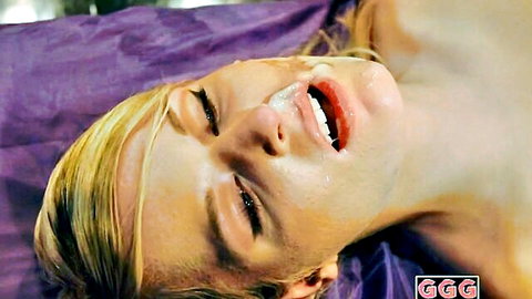 Blonde woman smiling with facial cumshot in GGG compilation