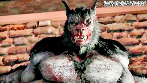 Snarling muscular werewolf monster with massive furry chest and razor-sharp fangs