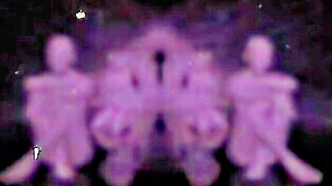 Blurry purple silhouettes of three figures posing in dim erotic light
