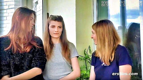 Three horny girls chatting casually before uninhibited threesome
