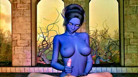 Nude blue elf fantasy babe handjob with dildo solo