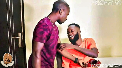 Two muscular black men in casual shirts, intimate arm touch