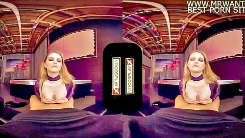 Busty blonde Striperella cosplay in purple lingerie, topless POV VR ride