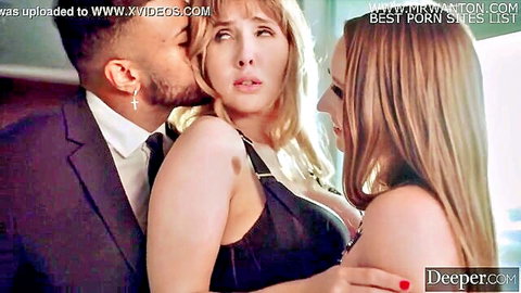 Laney Grey and Lena Paul in intense threesome kiss with Francisco Deeper