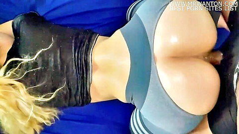 Blonde with massive ass in tight leggings during hot doggy interracial sex