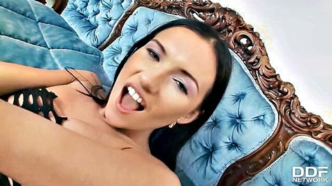 Sasha Rose black-haired slim stunner in sexy lace lingerie, open mouth tease