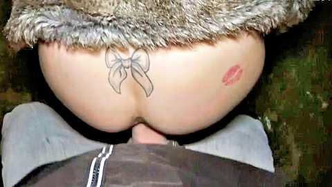 Hot British woman with big ass and bow tattoo fucked doggy style by big fat cock