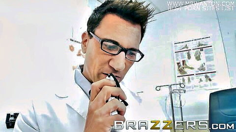 Intense doctor in glasses and white lab coat speaking into device in medical roleplay scene