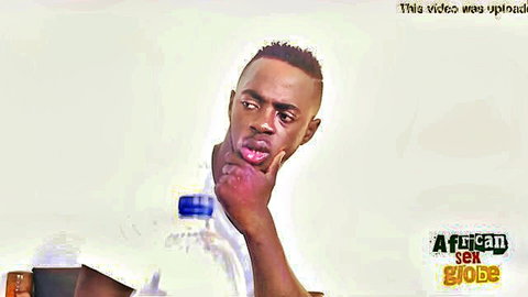 Surprised ebony man posing thoughtfully with water bottle on chin