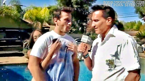 Poolside interview with two men and watching woman, Kink studios adult scene
