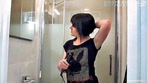 Ninos Paoli in sexy Playboy top, teasing in bathroom for rent cash - French Gonzo